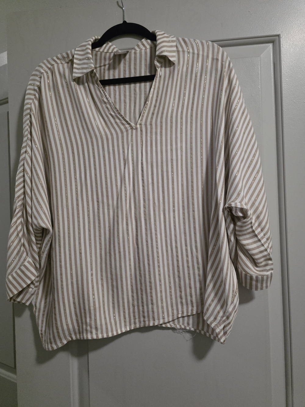 Chico's Beige and White Striped V-Neck Tunic with Metallic Thread